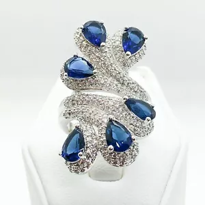 R7123-2 Damen Modeschmuck Weißgold Plättchen Saphir Pfauenschwanz Ring - Bild 1 von 8