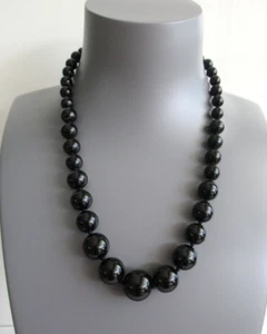 VTG Natural Black Onyx Hand Strung Graduated Beaded Necklace 18" Long Black - Picture 1 of 5