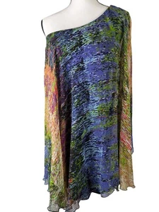 ANALILI Women One Size Fit Dress 1 Shoulder Abstract Artsy Silk Flowy Overlay - Picture 1 of 18