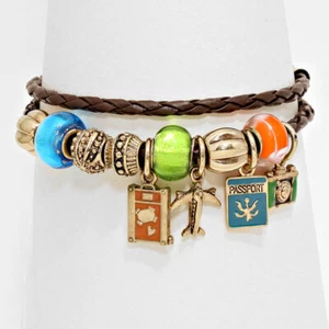 ~NEW~ Murano Glass Beaded Brown Cord Convertible Travel Charm Bracelet Necklace - Picture 1 of 2