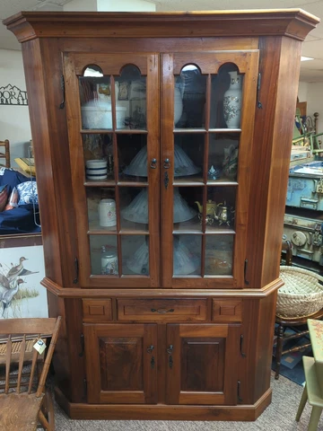 Gorgeous Antique Hand Rubbed Walnut Corner Cupboard Cabinet Original Glass Cover