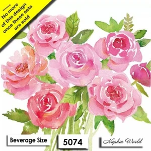(5074) TWO Paper BEVERAGE / COCKTAIL Decoupage Art Craft Napkins - PINK ROSES - Picture 1 of 3