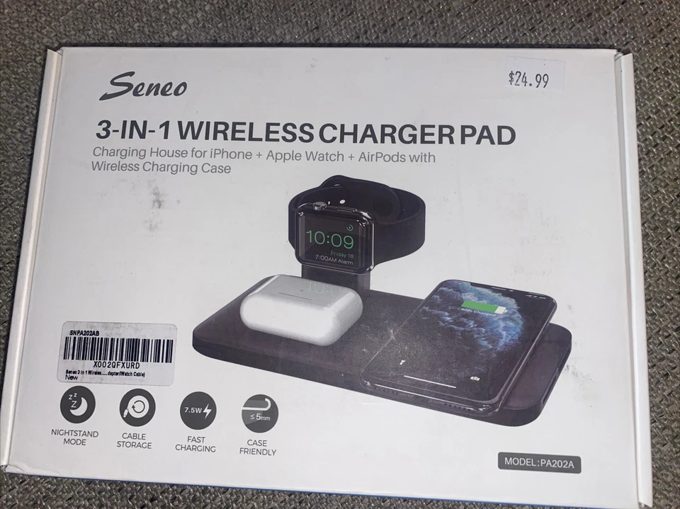 Cargador inalámbrico Seneo 3 en 1 almohadilla de carga rápida para iPhone, Apple Watch AirPods Foto 1 de 2