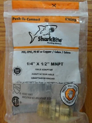 SharkBite Push Fit 1/4" x 1/2" MNPT Brass Male Adapter PEX CPVC PE-RT Copper - Image 1 of 4