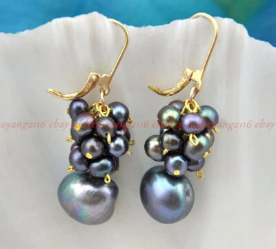 Natural 5-6mm 10-12mm Black Freshwater Baroque Pearl Cluster Dangle Earrings - Image 1 of 4