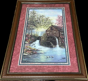 Vintage Home Interiors Sambataro Wasserrad Mühle rosa Blumen gerahmtes Bild C/2/3/8 - Bild 1 von 7