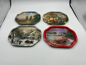 Juego de 4 bandejas de aperitivos pequeñas de metal escénicas vintage de mediados de siglo de 7,5" X 6" - Imagen 1 de 4