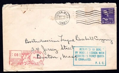 US 1946 BOSTON, MASS. RETURN TO SENDER BY BOSTON RED SOX - Image 1 of 2