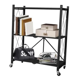 3-Tier Foldable Storage Shelf with Wheels Rolling Collapsible Shelving Unit - Picture 1 of 8