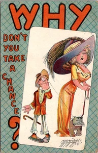 Why Dont You Take a Chance Dog Woman Big Hat Man Carmichael 1900s Postcard - Picture 1 of 2