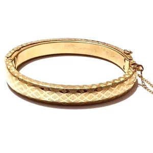 Vintage Armreif goldfarben strukturiert mit Scharnier und Kette - Bild 1 von 5
