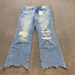 Judy Blue Jeans Damen 7/28 Medium Blue Mid Rise Straight Distressed Raw Hem - Bild 1 von 13