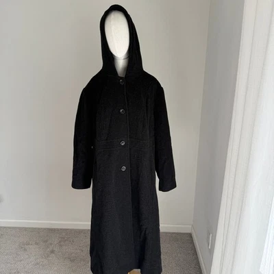 Chaqueta Abrigo con Capucha Vintage Talla Grande Para Mujer Mezcla Lana Negra 24W Mínimo Foto 1 de 4