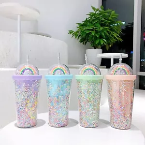 Bottiglia da viaggio 550 ml in plastica arcobaleno doppio strato coperchio con paglia - Foto 1 di 13