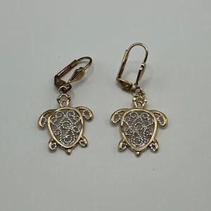 Solid 14k Yellow White Gold Dangle Earrings Sea Turtle Tropical Nautical 3g - Picture 1 of 9