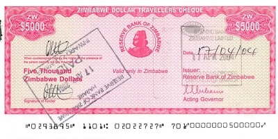 Zimbabwe / Travellers Cheque  $5,000  17.4.2004  P 16  Circulated Banknote QZ38 - Image 1 of 2