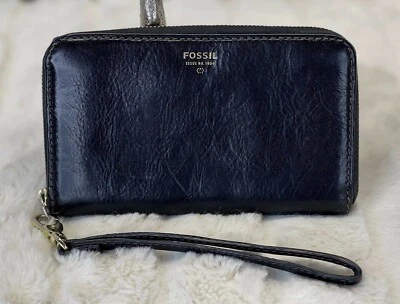 FOSSIL 悉尼黑色皮革腕带钱包手拿包拉链中号 — 第 1/4 张图片