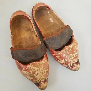 Antique Wood / Leather Clogs French / Dutch Shabby Folk Art - Picture 1 of 7