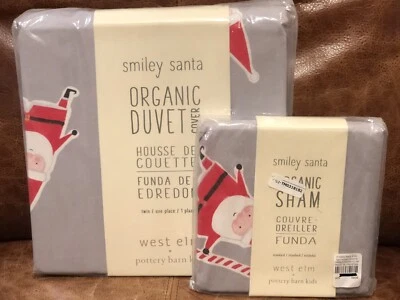 NEW West Elm x Pottery Barn Kids Smiley Santa Twin Duvet Cover & Sham, Christmas - Image 1 of 3