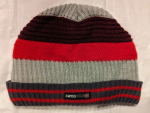 Cappello berretto sci invernale Swiss Tech Knit - a righe rosso grigio marrone - foderato in pile - Foto 1 di 4