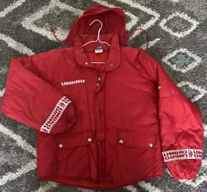 Vintage Umbro Jacket Puffer Hooded Red Size Talla 18 Button Zip Soccer Futbol - Picture 1 of 8