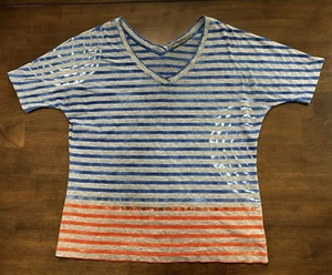 Prana T Shirt Small Blue Orange Stripe Dolman Short Sleeve V-neck - Picture 1 of 11