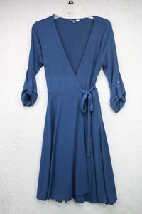 Modcloth Navy Blue Midi Wrap Dress-Size Small-Roll Tabbed 3/4 Sleeves - Picture 1 of 11