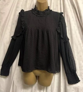 ZARA BLACK CROCHET LACE EMBROIDERED HIGH NECK SIZE M DOBBY BLOUSE L/S SUMMER TOP - Picture 1 of 18