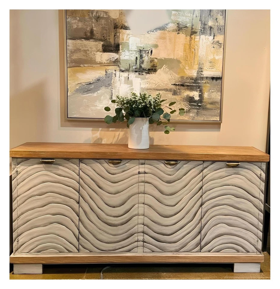 Mesa buffet para sala de jantar Martigne-Briand onda cinza com tampo de carvalho natural - Imagem 1 de 1