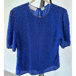 Vintage Laurence Kazar New York royalblaue Seidenbluse mit Perlen Größe PM - Bild 1 von 9