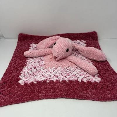 钩针粉红色兔子爱安全毯20英寸柔软填充动物婴儿舒适 — 第 1/4 张图片