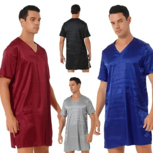 Men's Satin Silky Pajamas Short Sleeves Long Shirts Loose Bathing Robe Sleepwear - Picture 1 of 78