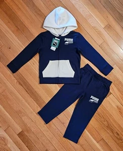 NEW PUMA Little Boy Fleece Full-zip Jacket Hoodie & Sweat Pant Set, Navy (4, 6) - Picture 1 of 4