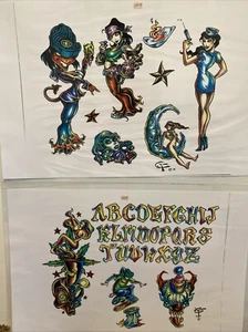 2 Sheets Artist Christian Franks Tattoo Flash Wall Art Lettering Clown Pinup - Picture 1 of 5