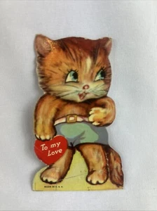 Vintage Valentine Card Cat Wearing Blue Shorts To My Love - Picture 1 of 2
