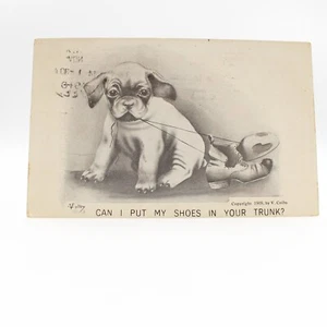 Comics~Artist Vince Colby~Puppy~Can I Put My Shoes In Your Trunk?~1910 Postcard - Picture 1 of 2