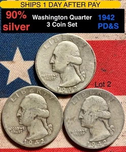 90% Silver 1942 WASHINGTON QUARTERS 3 Coins P/D/S Ships 1 Day After Pay #2 - Picture 1 of 4