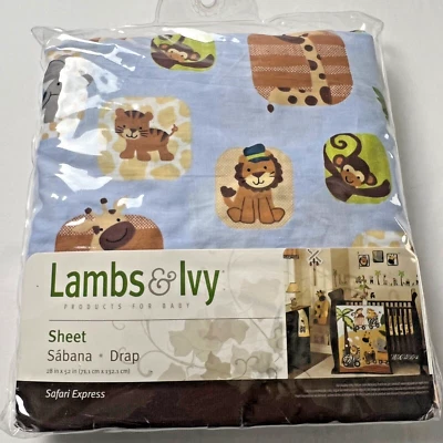 Lambs & Ivy Crib Sheet 100% Cotton Safari Express Sheet 28x52 New - Image 1 of 4