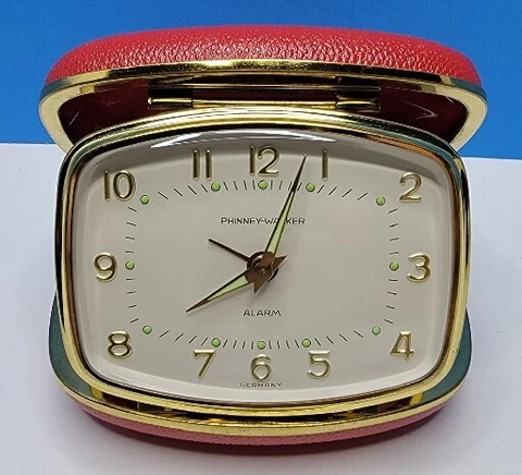 Vintage Phinney-Walker Travel Wind-up Alarm Clock In Folding Case Cover