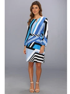 TAHARI by ASL Paula P MJ Women's Dress Cobalt Aqua Blue Black Stripes Size 12 - Picture 1 of 4