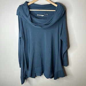 Top tunica morbidi dintorni XL Petite blu Lagenlook bohemien cappuccio asimmetrico - Foto 1 di 11