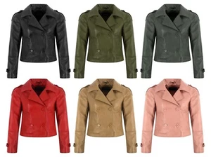 Women's Short Trench Coat Jacket Double Breasted Classic Fashion Leather Jacket - Picture 1 of 22