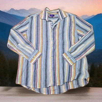 Tallia Long-Sleeve Button-up Shirt Mens Size XL Linen Cotton Blend Striped H3 - Image 1 of 4