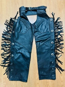 Womens Black Leather Harley Davidson Motorcycle Chaps Lined Waist Adjust Fringe - Picture 1 of 15