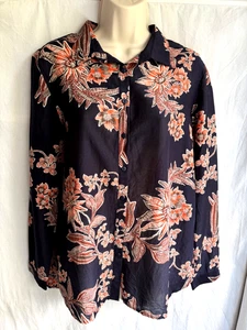AUTOGRAPH M&S Floral Blouse Shirt Size 12 Orange Navy Black Cotton Silk Long Sl - Picture 1 of 19