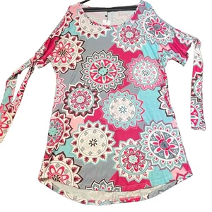 Sheilay Dress Womens XL Multicolor Cold Shoulder Top Floral Mandala Mini New - Picture 1 of 12