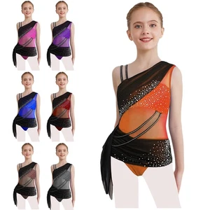 Vestito Bambina Ragazza Strass Body Danza Ballo Maglia Trasparente Blocco Colore - Foto 1 di 62