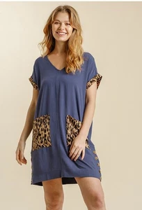 UMGEE USA abito donna lino tubino blu leopardato maniche corte XL mob moglie - Foto 1 di 5