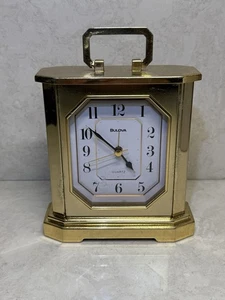 Bulova Desk Mantle Clock Brass Gold Tone Quartz Alarm 6" Tall x 5" Wide Works - Picture 1 of 12