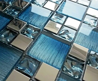 Blue Iridescent Glass Foil & Silver Chrome Metal Square Mosaic Wall Tile 8mm - Image 1 of 4